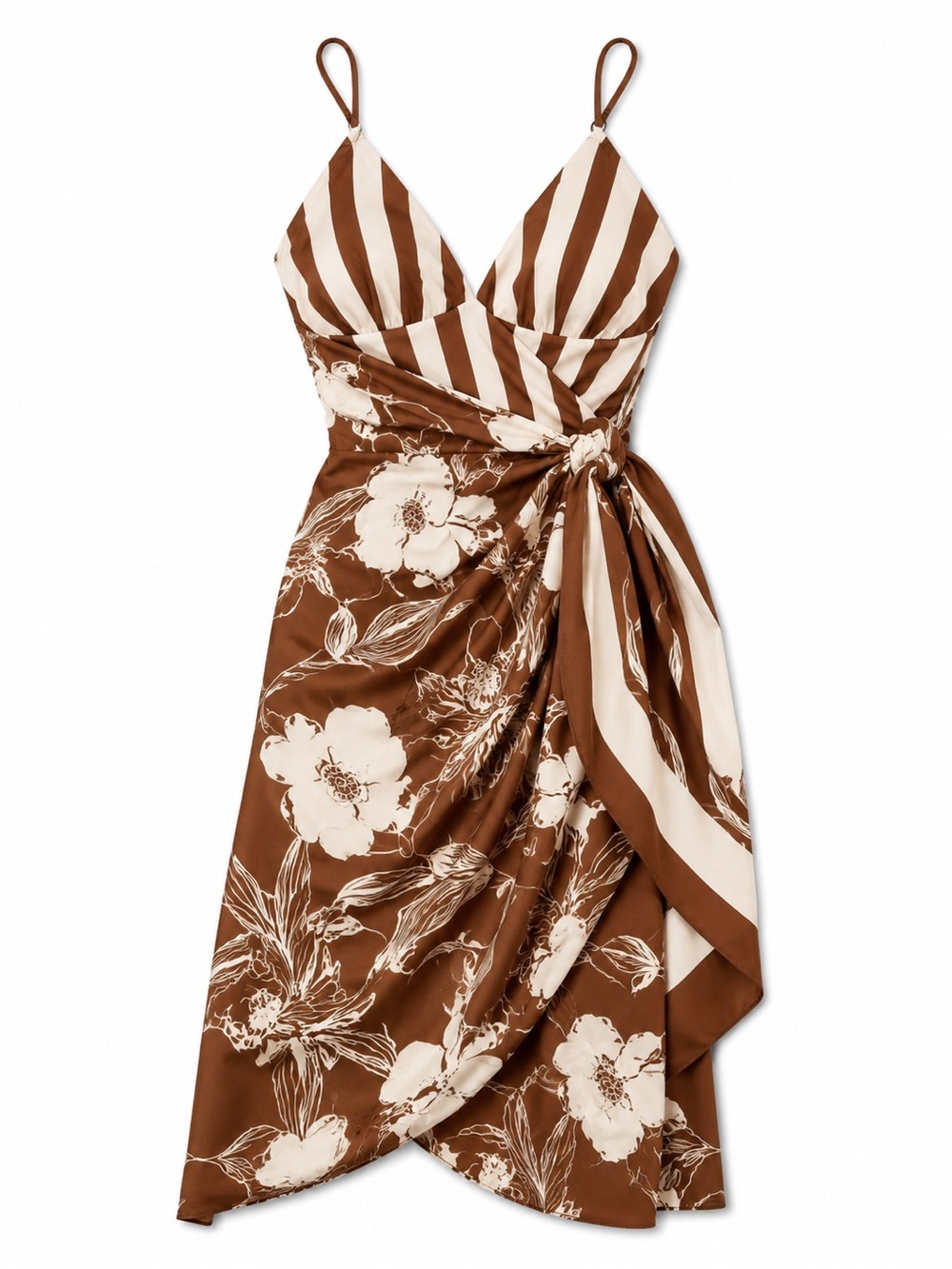Brown & Cream Striped Floral One-Piece Swimsuit with Tie Detail